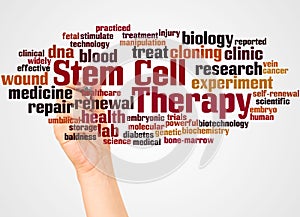 Stem cell therapy word cloud and hand with marker concept
