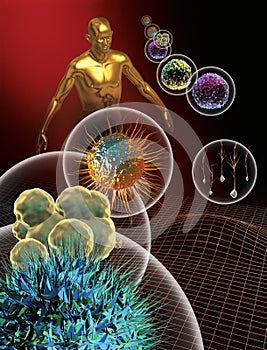 3d gerenderten Darstellung von Stammzellen und einer menschlichen Figur.