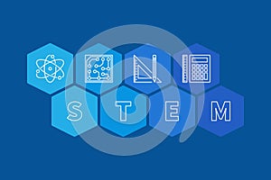STEM concept banner. Vector blue hexagonal illustration