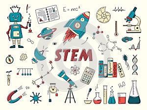 STEM doodle set with rocket, constellation, telescope, microscope, flask, books, DNA, magnet, planet, radio telescope in doodle