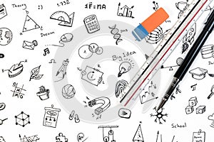 STEM education background concept. STEM - science, technology, engineering and mathematics background with pen, ruler and doodle.
