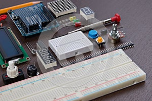 STEM education or DIY Electronic Kit , Robot made on base of micro controller with variety of sensor and tools. Closeup.