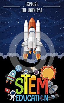 Stem education logo with explore the universe text and space objects