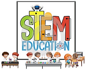 Stem education logo with kids wearing scientist costume isolated