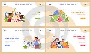 Stem education web banner or landing page set. Schoolers gaining