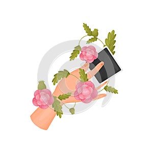 Stem with flowers, buds and leaves twists around the arm. Vector illustration on white background.