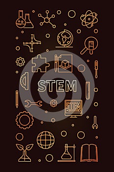 STEM golden modern banner in outline style. Science concept linear vertical illustration
