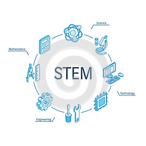 STEM isometric concept. Connected line 3d icons. Integrated circle infographic design system. Science, Technology