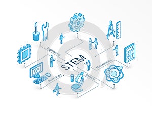 STEM isometric concept. Connected line 3d icons. Integrated infographic design system. Science, Technology, Engineering