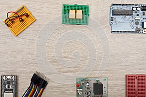 STEM Microcontroller Concept and DIY Electronic Kit. Science, Technology, Engineering and Mathematics education concept.