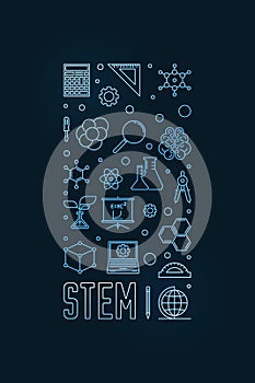 STEM - Science, Technology, Engineering and Math concept vertical blue banner. Vector linear illustration