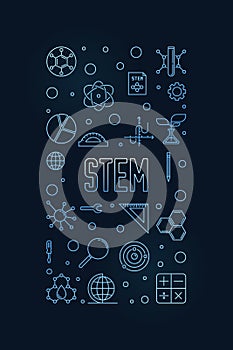 STEM vector outline vertical blue banner - Science concept modern illustration