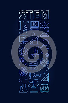 STEM vector thin line vertical blue modern banner - Science concept linear illustration