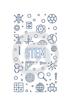 STEM vector thin line vertical minimal blue banner. Science concept illustration