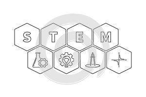 STEM word with icons vector hexagonal outline illustration