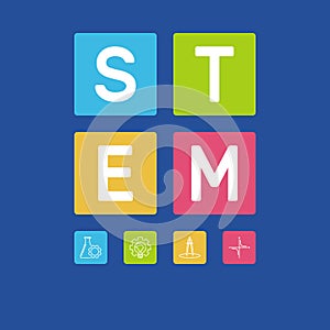 STEM word with icons vector illustration on blue background