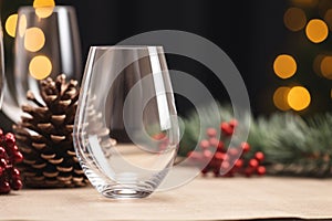 Stemless wine glass mockup with Christmas elements in background. Generative AI