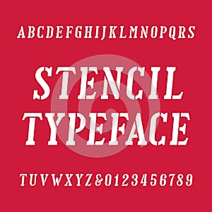 Stencil alphabet font. Serif type oblique letters and numbers.