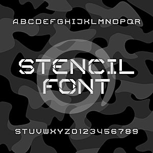 Stencil alphabet font. Tough type letters and numbers on a camo background.