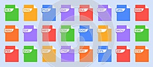 Stencil file format icons with PDF, JPG and MP3, JS and XML, DLL and SVG, CSV and PSD, PNG and DOC labels. File types with