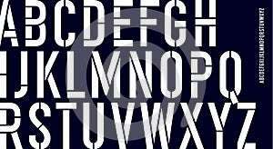 Stencil font. Black and white condensed alphabet and line font photo