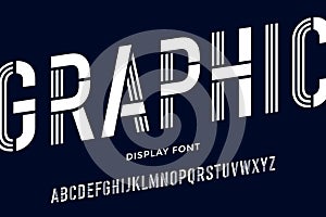 Stencil font. Black and white condensed alphabet and line font