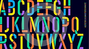 Stencil font. Colorful condensed alphabet and line font