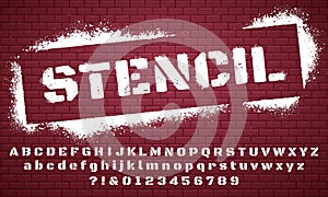 Stencil font. Graffiti spray painted alphabet, dirty textured lettering and grunge letters vector set