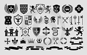 Stencil heraldic emblem templates. Traditional snake, lion and eagle symbols. Medieval weapons, shields and royal castle