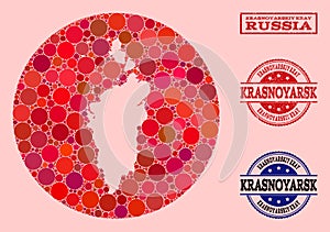 Stencil Round Map of Krasnoyarskiy Kray Mosaic and Grunge Seal