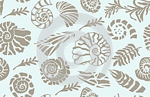 Stencil seashells and plants Seamless pattern Hand drawn art of ocean shell or conch mollusk scallop Sea underwater