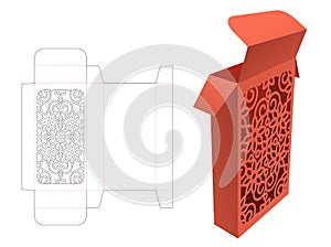 Stenciled pattern long packaging box die cut template and 3D mockup