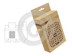 Stenciled pattern zipping box with hanging hole die cut template and 3D mockup
