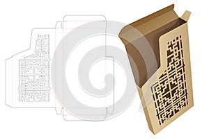 Stenciled tin box with open air display die cut template and 3D mockup