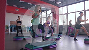 Step aerobics exercise class - group of people exercising on steppers with the trainer.