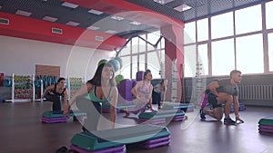 Step aerobics exercise class - group of people exercising on steppers with the trainer.