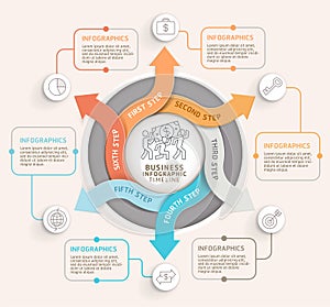 6 Step arrow circle infographics template. Vector illustration.