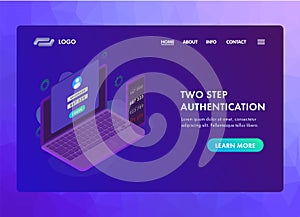 2-step authentication concept. Two steps 2FA Verification password code. Isometric laptop and smartphone with authentication login