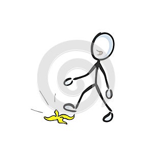 Step on banana skin. Slide fall down Vector simple. Stickman no face clipart cartoon. Hand drawn. Doodle sketch, graphic photo
