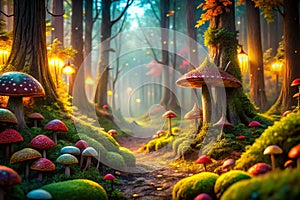 Enchanting Panoramic Forest Scene Playful Wichtel Figures Dance Through a Dreamlike Realm