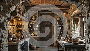 Rustic Stone Kitchen with Vintage Pottery and Wooden Beams