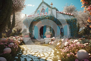 Ai Generative Vintage retro hipster style house with colorful Easter decoration with colorful eggs and flowers in the garden