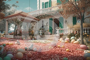 Ai Generative Vintage retro hipster style house with colorful Easter decoration with colorful eggs and flowers in the garden