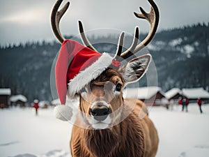 Reindeer Radiance: Festive Antlers Adorned with Santa\'s Hat photo