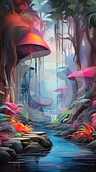Enchanting Nocturnal Rainforest A Mesmerizing Watercolor Tapestry of Stygian Neon Jungle photo