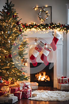 Living room decorated for Christmas with fireplace, Christmas tree and xmas ornaments.