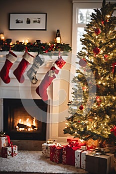 Living room decorated for Christmas with fireplace, Christmas tree and xmas ornaments.