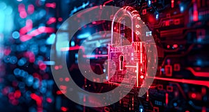 Futuristic digital security red padlock on an electronic screen background.