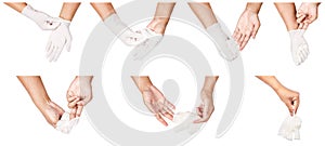 Step of hand throwing away white disposable gloves medical. photo
