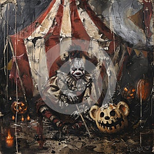 Eerie Circus Tent with Creepy Clown and Possessed Teddy Bear photo